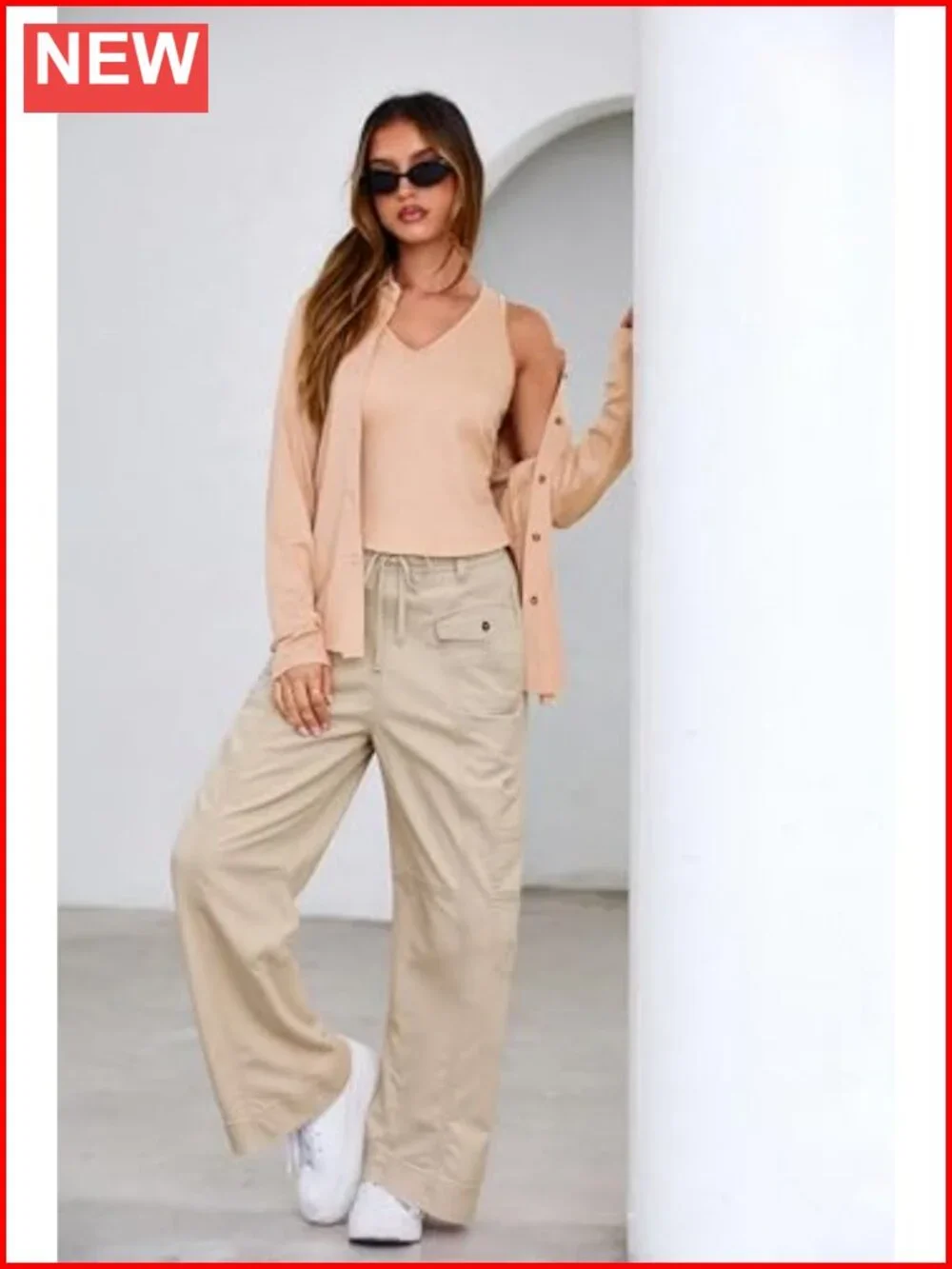 100% Cotton Cargo Pants Drawstring Elastic Waist Hiking Work Pants Multiple